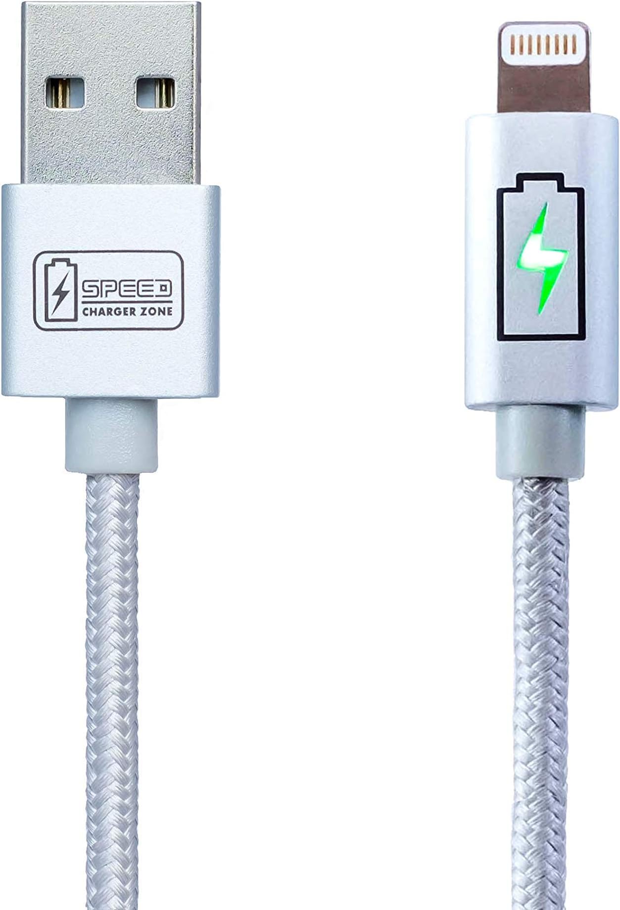 Speed Charger Zone Lightning to USB Charger Cable Silver | Smart LED Indicator, Fast Charging, Made for iPhone (MFI): 11/Pro/Pro Max, X/XS/XR/Plus, 8/Plus, 7/Plus, and More!