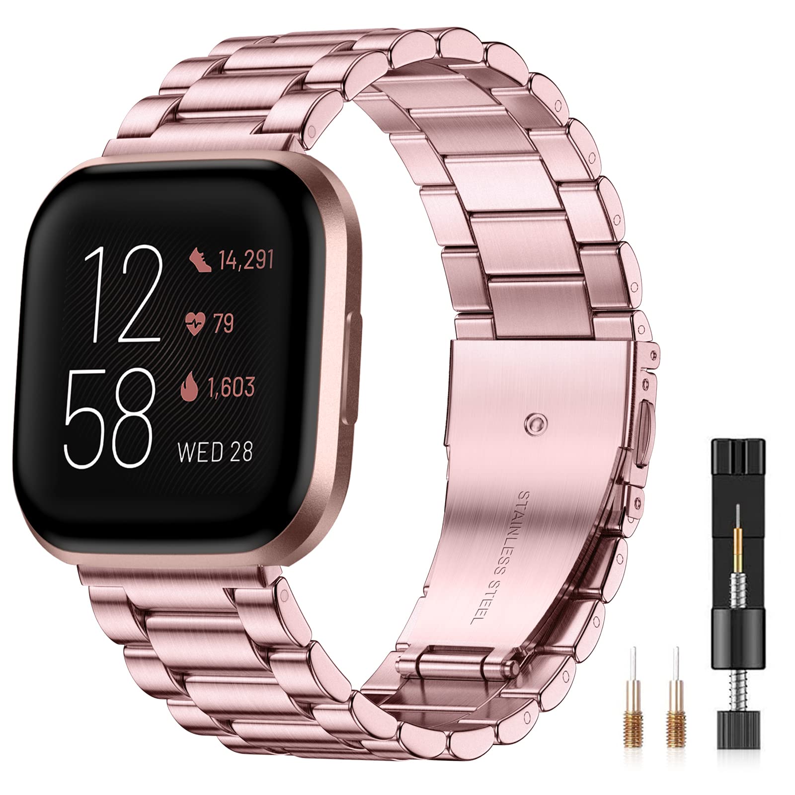 CeMiKa Metal Strap Compatible with Fitbit Versa 2/Versa, Adjustable Stainless Steel Wristband with Double Folding Clasp, Women Men, Rosepink