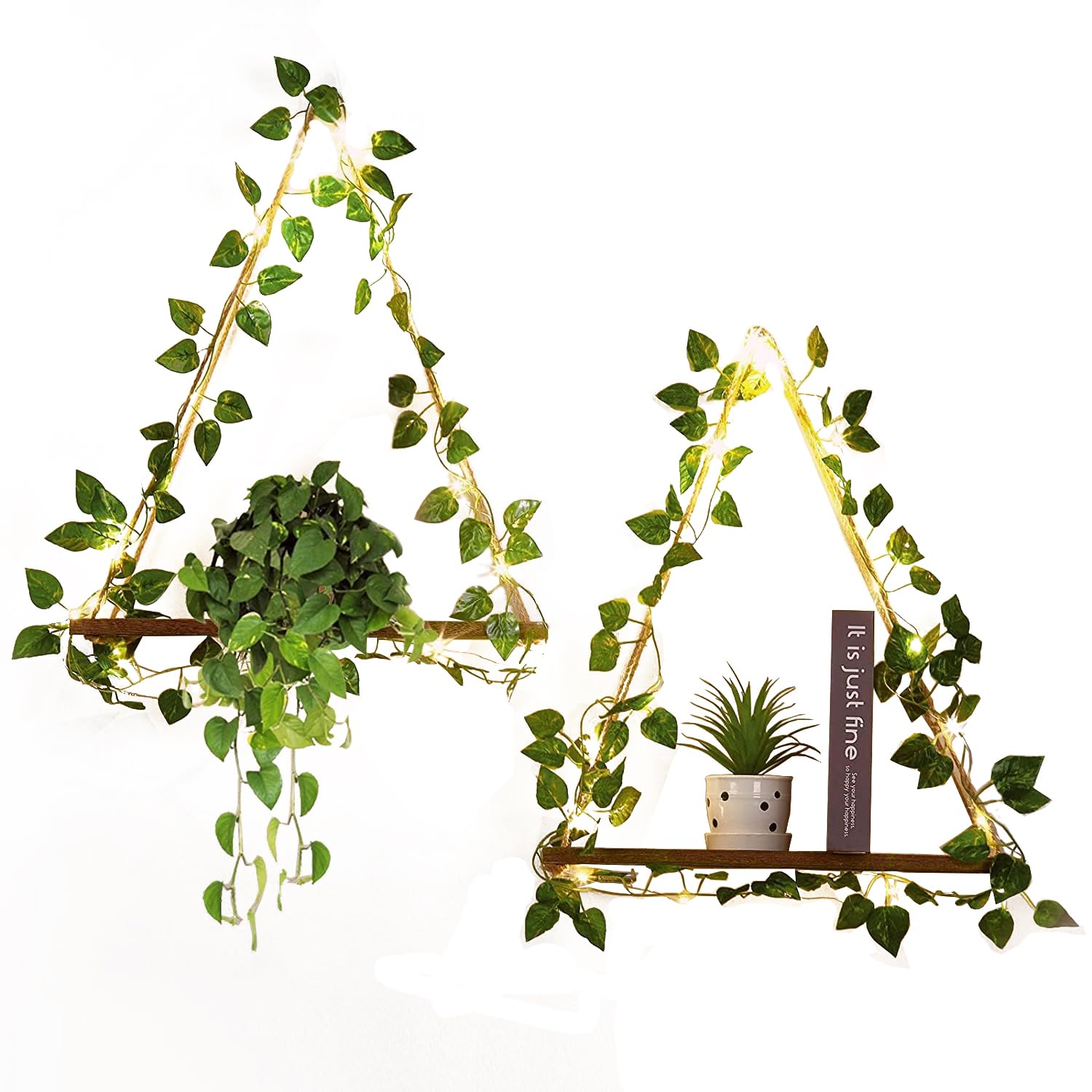 Funvalley Surperfect Set of 2 Rope Hanging Floating Shelves LED-Strip Artificial Ivy Lightweight Wooden Floating Shelves Boho Wall Decor with Rope and Hooks