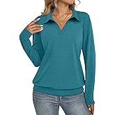 TICTICMISS Womens Polo Shirts Long Sleeve Banded Bottom Tops Business Casual Tops Collared V Neck Blouses