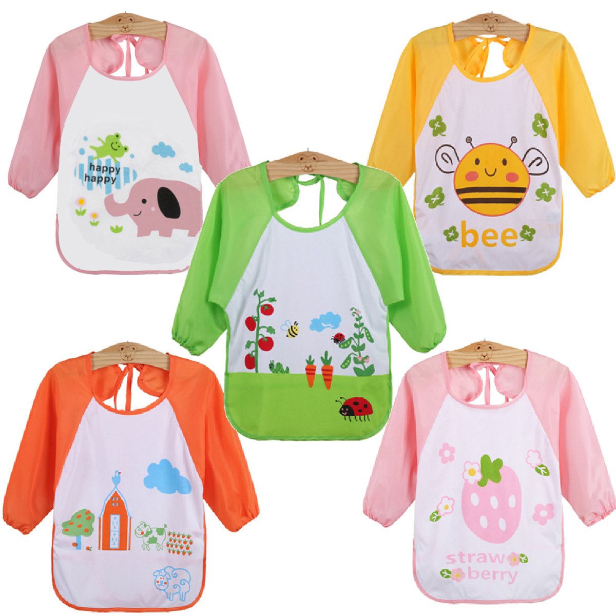 QinGuang 5 pcs Baby Waterproof Long Sleeved Bibs Catcher Pocket Smock Painting Playing Apron (Pink)