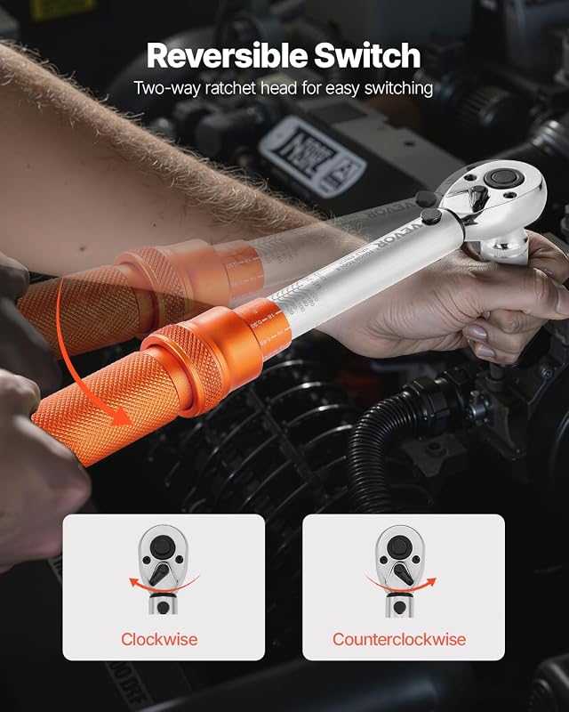 Juego de Llaves Dinamométricas de Clic Accionamiento de 1/4" 2,3-27,1 Nm 72 Dientes Escalas de Doble Dirección y Doble Rango con Puntas, Vasos, Adaptadores y Barra de Extensión, Naranja