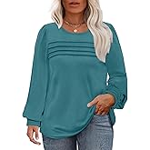 Eytino Womens Plus Size Tops Long Sleeve Blouse Crewneck Pleated Knit Casual Loose Fit Shirts(1X-5X)