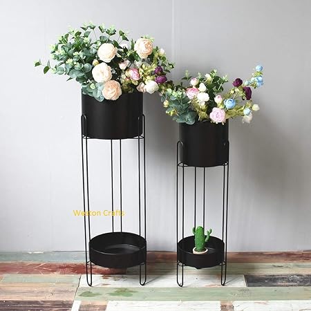 Weston Crafts Modern Metal Plant Stand with Galvanizing Iron Pot, Decorative Standing Flower Succulent Pot Holder, Indoor Outdoor Terrace Patio Home Decor Pack of 2 psc Black