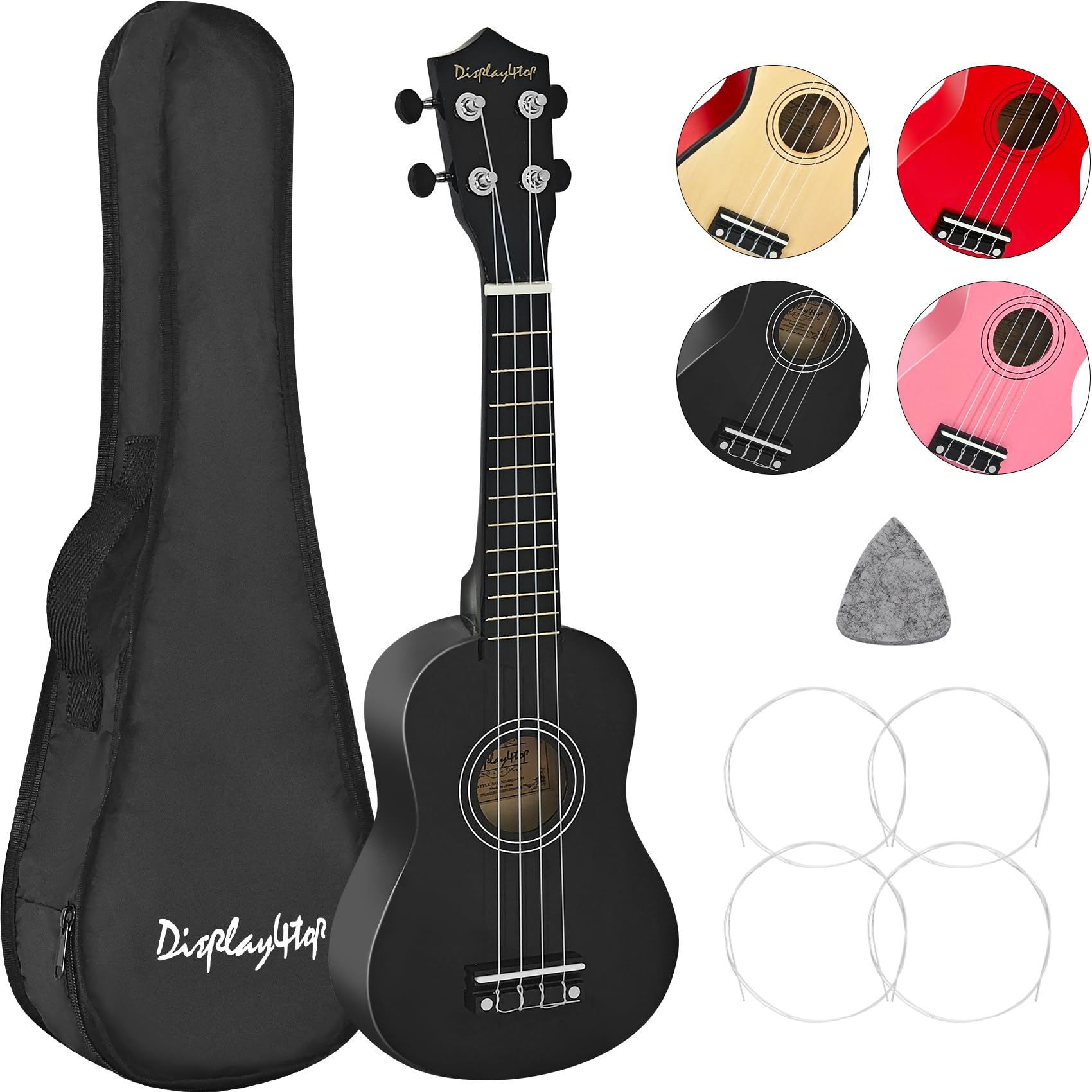 Display4top 21 Inch Soprano Ukulele, Professonial Ukele for Kids Bundle with Gig Bag, Picks, Extra Strings (Black)