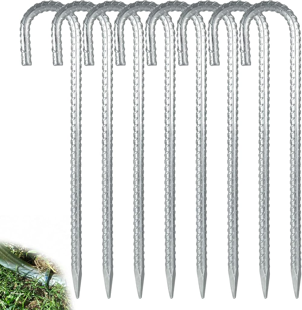YAYODS 8Pcs 16 Inch Ground Stakes Galvanized Rebar J Hook Ground Anchors