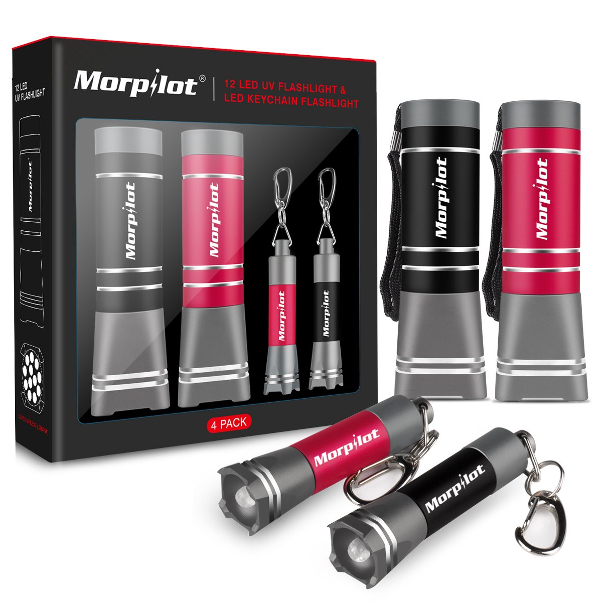 2 Pack 12 LED UV Flashlight Urine Detector - Morpilot Upgrade Ultraviolet Light Blacklight with 2 Pack Mini Keychain Flashlight for Detect Bed Carpet Bug Dog Urine Stain Scorpion