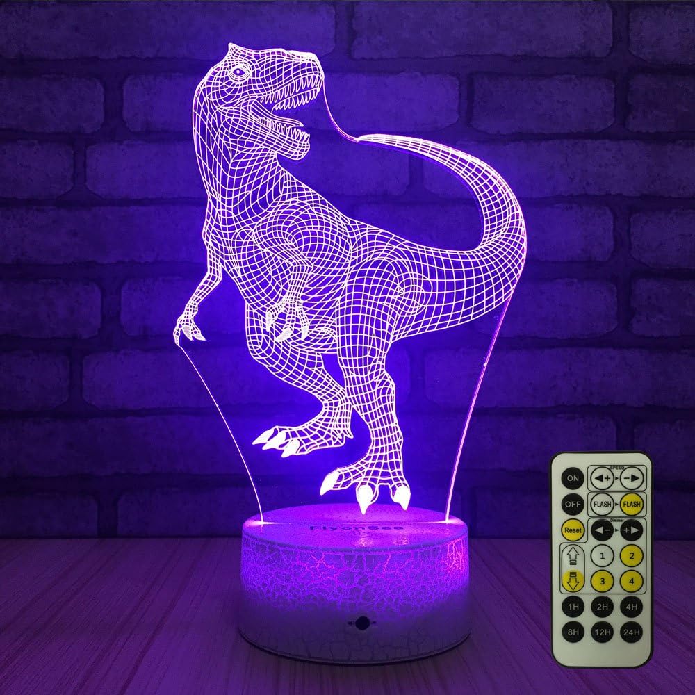 FlyonSea Dinosaur Night Light for Kids Bedside Lamp 7 Colors Change Remote Control with Timer Kids Night Light optical illusion Lamps for Kids Lamp As a Gift Ideas for Boys (Dinosaur)