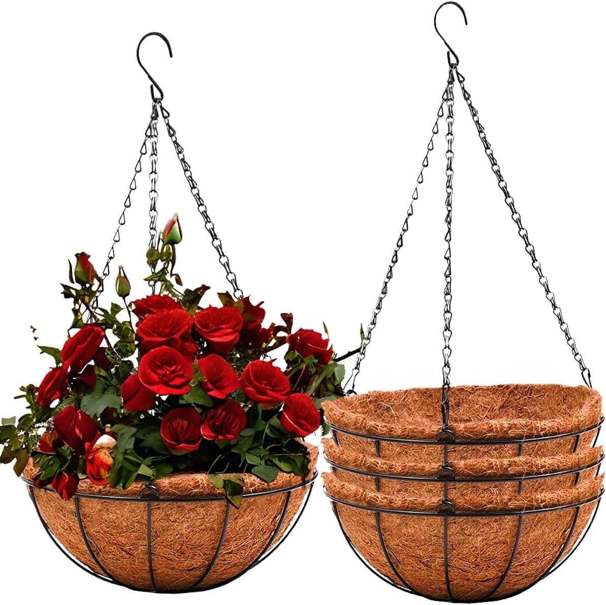 LATERN 4Pcs 20CM Metal Hanging Basket with Coco Liner, Small Round Metal Hanging Flower Pots Coconut Coir Liner Planter with 40cm Black Chain for Garden Porch Balcony Patio Plant Flower Decoration