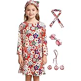 FechDitchly 6Pcs 60s 70s Outfits for Kids, Hippie Costume for Girls Colorful Dress Party Halloween Cosplay 4-14 Years