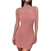 ANRABESS Womens Sexy Bodycon Mesh Ruched Mini Dresses Mock Neck Slim Fall Long Sleeve Cocktail Party Going Out Short Dress