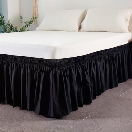 Cozylife Three Fabric Sides Wrap Around Elastic Solid Bed Skirt, Easy On/Easy Off Dust Ruffled Bed Skirts 14 inch Tailored Drop (Black, Twin)