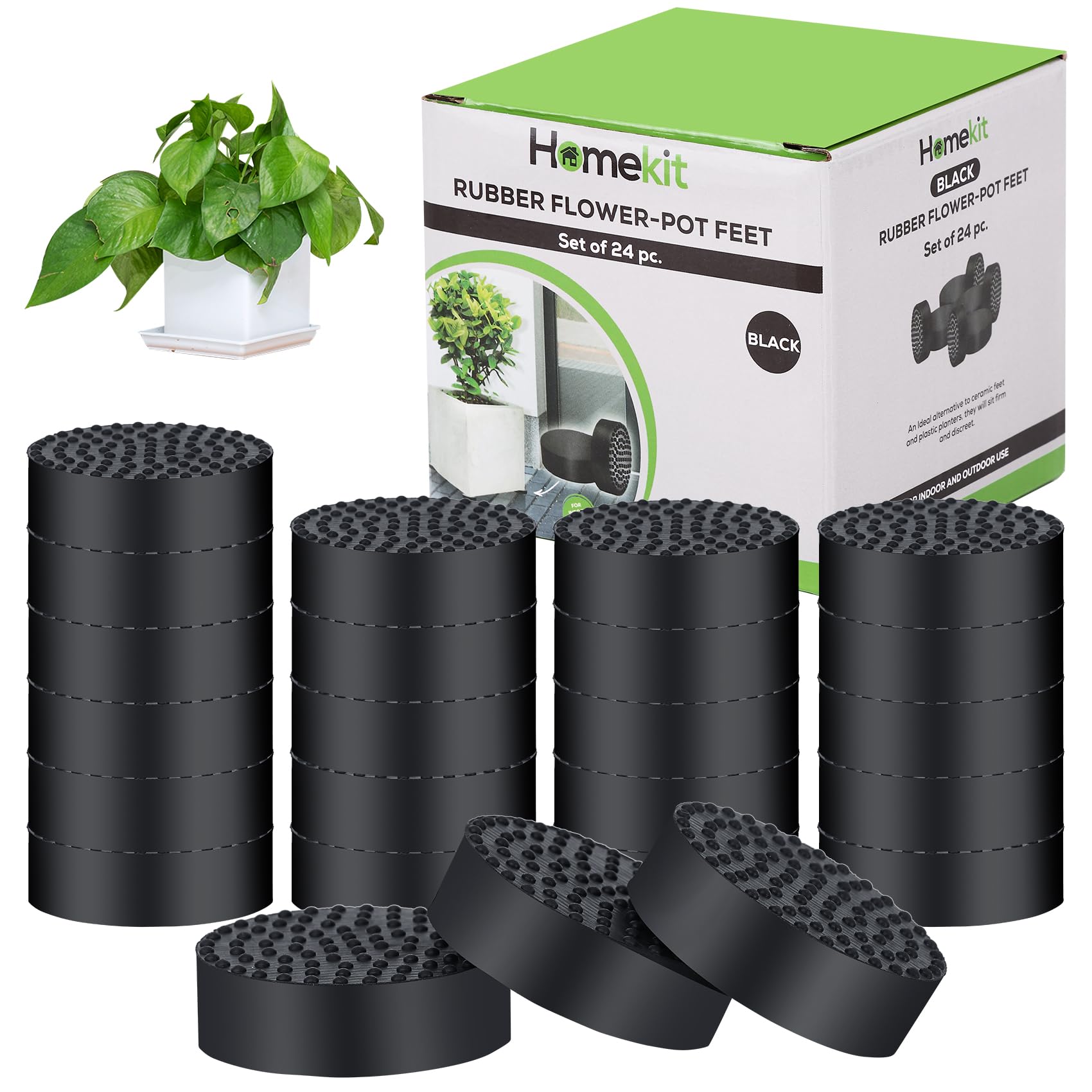 homekit Flower Pot Feet; 24 Pieces; Black; Rubber – Non-Slip Invisible Risers for Gardening Plants Indoor and Outdoor