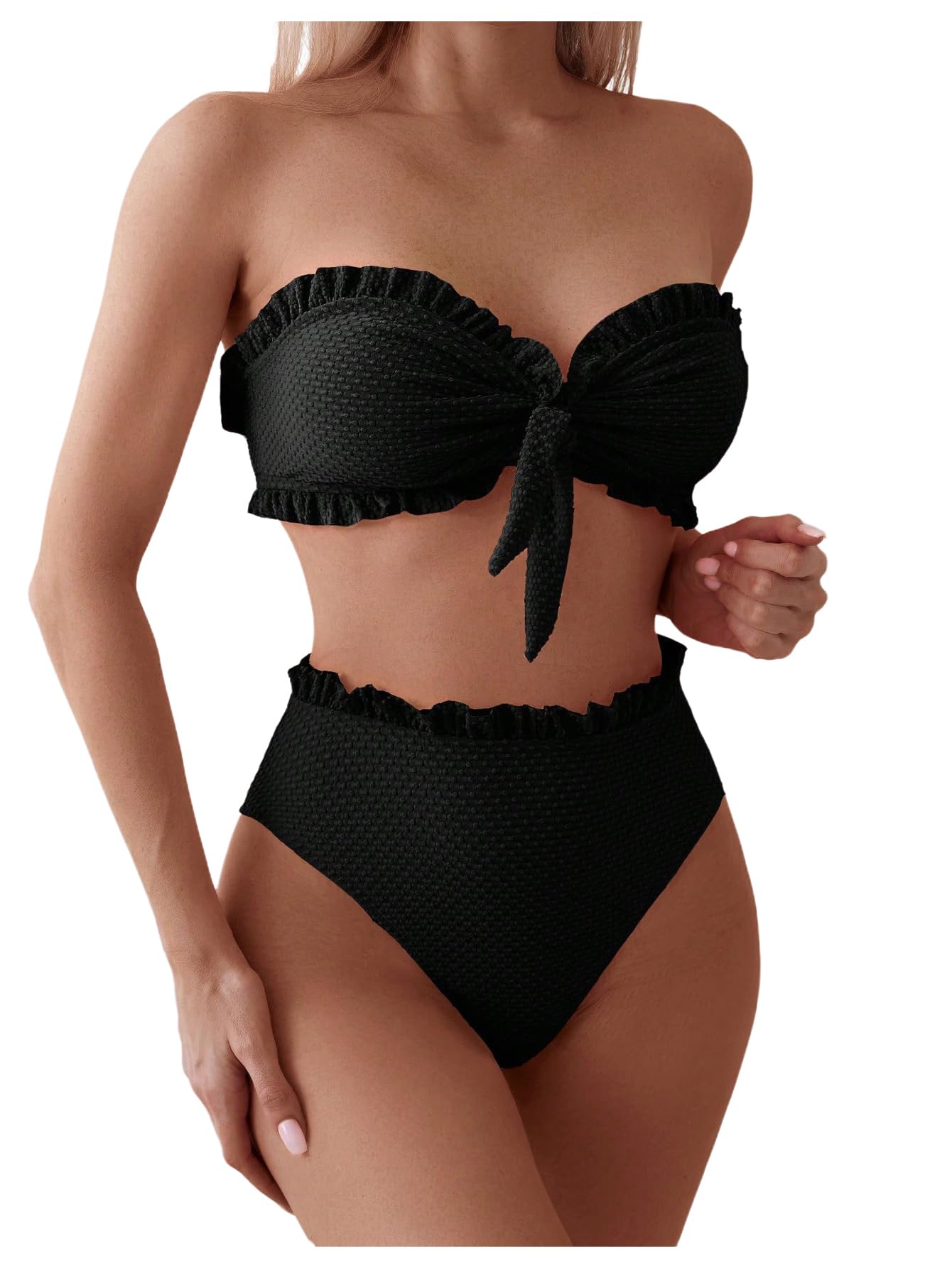 Photo 1 of SOLY HUX Women's Ruffle Strapless Bikini Set 2 Piece Bandeau Swimsuit High Waist Bathing Suits Plain Black Small
