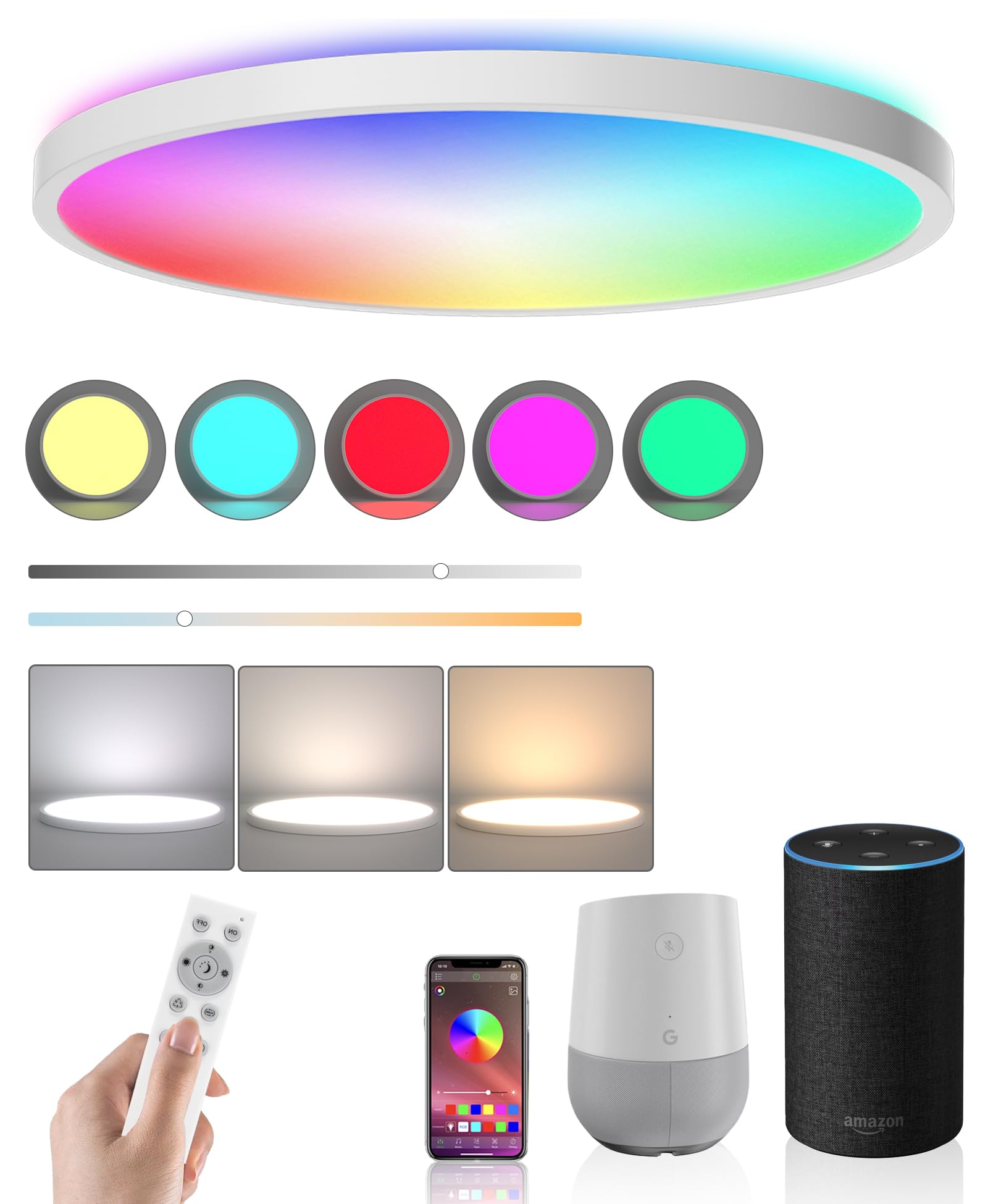 Ceiling Light LED Dimmable Flush Mount Flat RGB Smart Alexa Google Home WiFi with Remote Control for Living Room Bedroom Dinning Kitchen Hallway Bathroom 12Inch 24W White