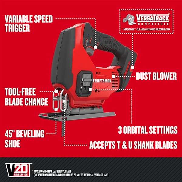 CRAFTSMAN V20 CORDLESS JIG SAW, 3 ORBITAL SETTINGS, UP TO 2,500 SPM, BARE TOOL ONLY (CMCS600B)