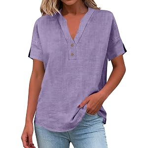Summer Tops for Womens Short Sleeve Henley Tops | Cotton Linen Tops for Women Casual Gauze Shirts Button Up V Neck Blouses So