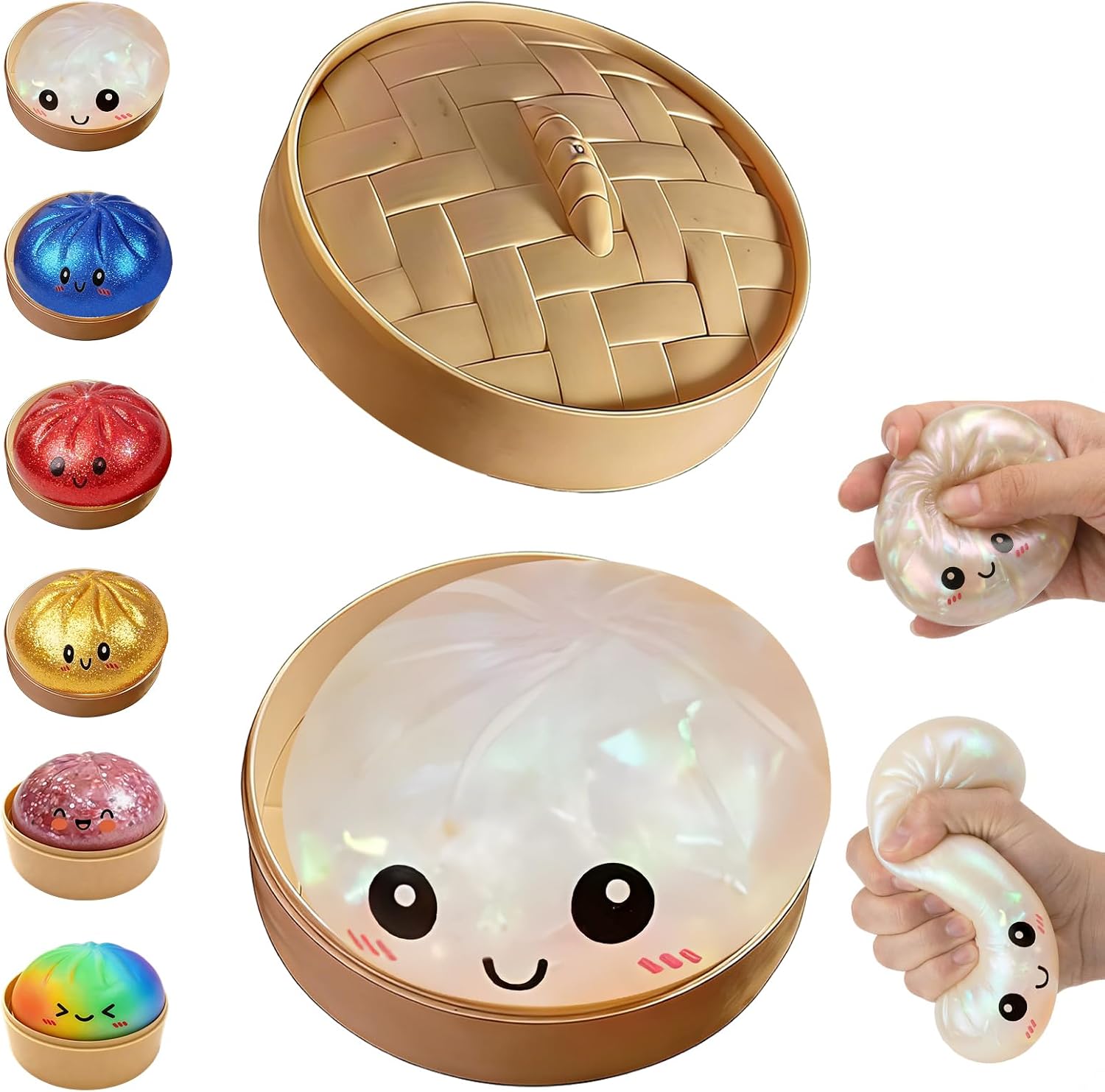 Glitter Dumpling, Glitter Dumpling Squishy with Box, 6 Color Options Dumplings Squishy Toy for Stress Relief (White)