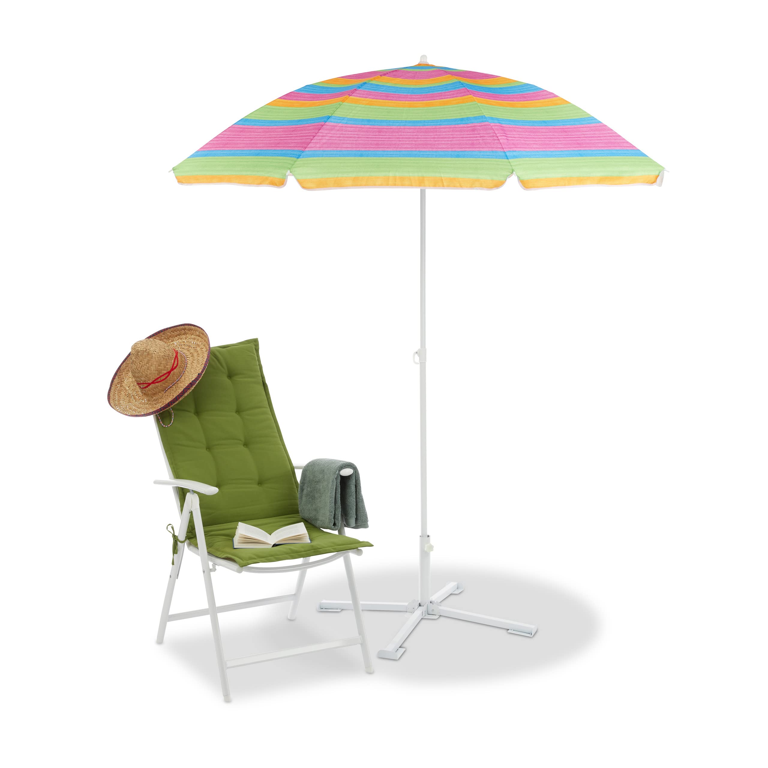 Relaxdays Striped Beach Parasol, Height-Adjustable Garden Umbrella, Sun Protection, H x D 200 x 170 cm, Colourful