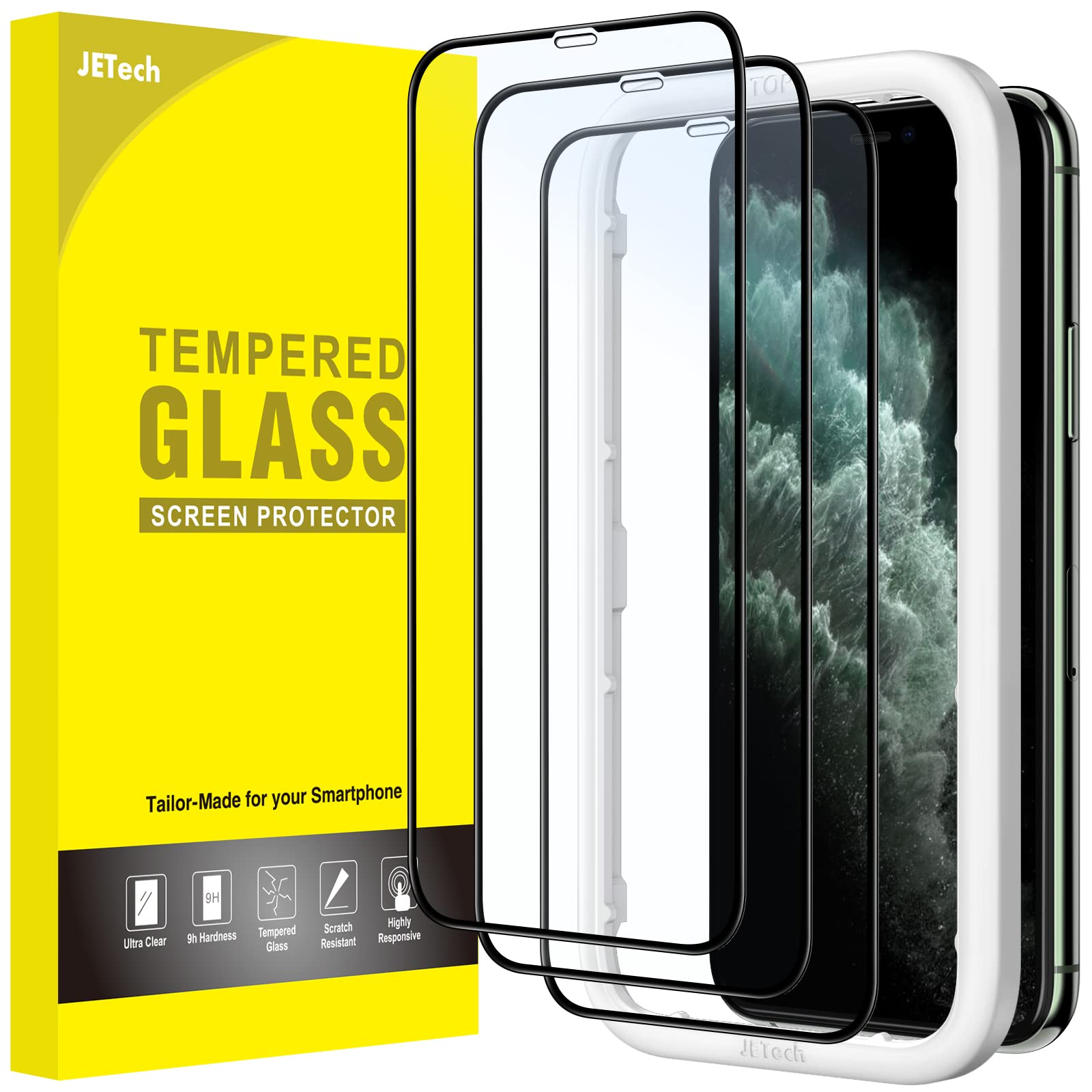 Photo 1 of JETech Full Coverage Screen Protector for iPhone 11 Pro/iPhone X/iPhone XS 5.8-Inch, Black Edge Tempered Glass Film with Easy Installation Tool, Case-Friendly, HD Clear, 3-Pack