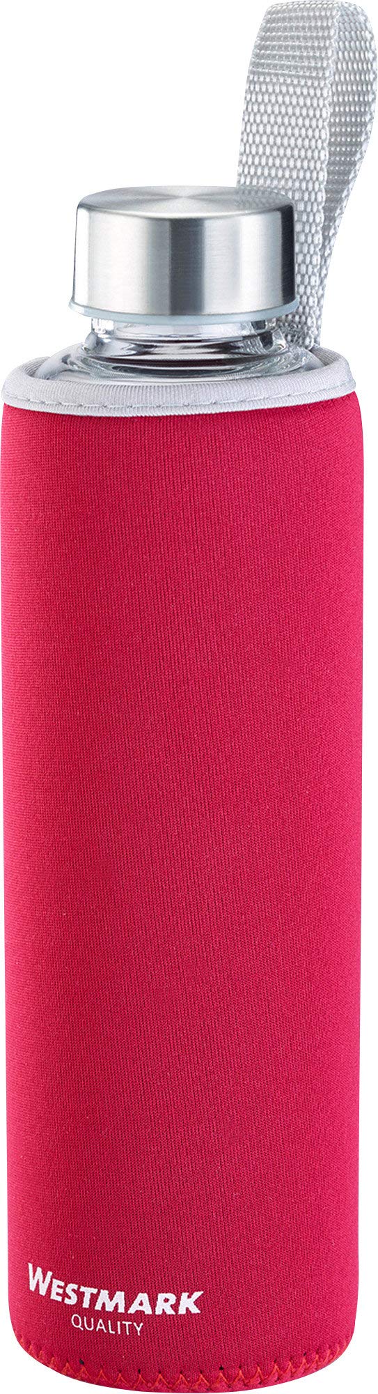 Westmark Drinking Bottle, made of printed glass, incl. protective cover, 550 ml, glass/silicone/rubber, BPA-free, Viva, red/silver/clear, 5272226R