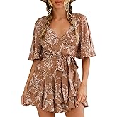AIMCOO Womens Summer Short Flared Sleeve Romper V Neck Floral Print Jumpsuit Waist Tie Layer Ruffle Hem Dress Look Rompers