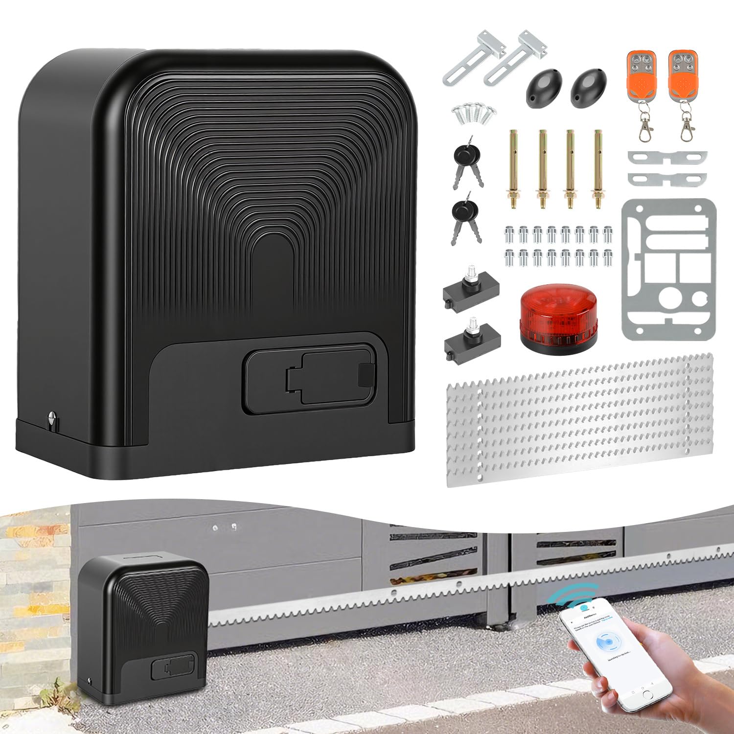 Joparri Motores Puertas Correderas máx 1600KG 750 W, Smart WiFi Accionamiento Eléctrico De Puerta con 4M Cremallera, 4 Control Remoto, luz de alarma y función de cierre automático