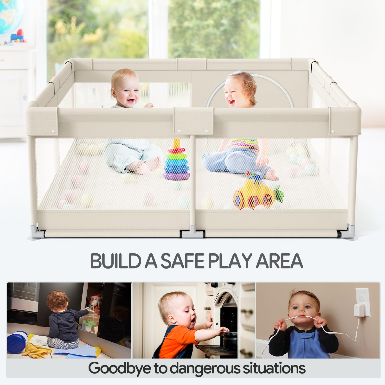 Fodoss Baby Playpen, Upgrade Playpen for Babies and Toddlers, 47x47x26inch Beige Play Pen for Babies with Hand Pulling Ring, Play Pen Center for Kids,Baby Fence,Baby Playards.