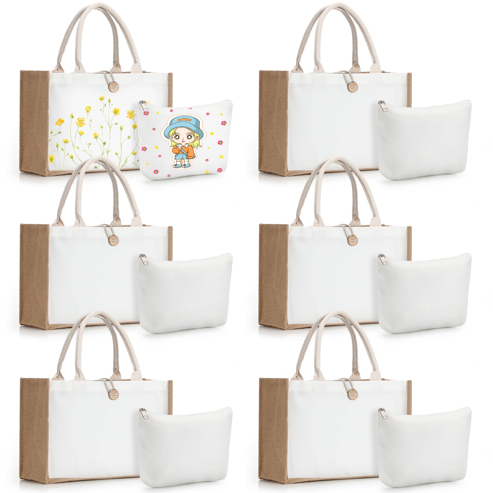 Photo 1 of Bulyoou 12 Pcs Sublimation Blank Tote Bags and Makeup Bags Set, Reusable Canvas Polyester Tote Bags for DIY Craft Burlap Gift Bags Makeup Pouches Cosmetic Bags for Women Shopping Grocery Bridesmaids