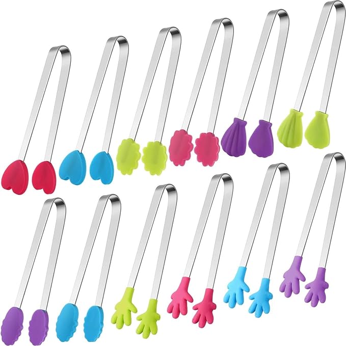 TEUN 12 Pieces 5 Styles Hand Shape Silicone Tongs 5 Inch Mini Kitchen Tongs Small Serving Tongs