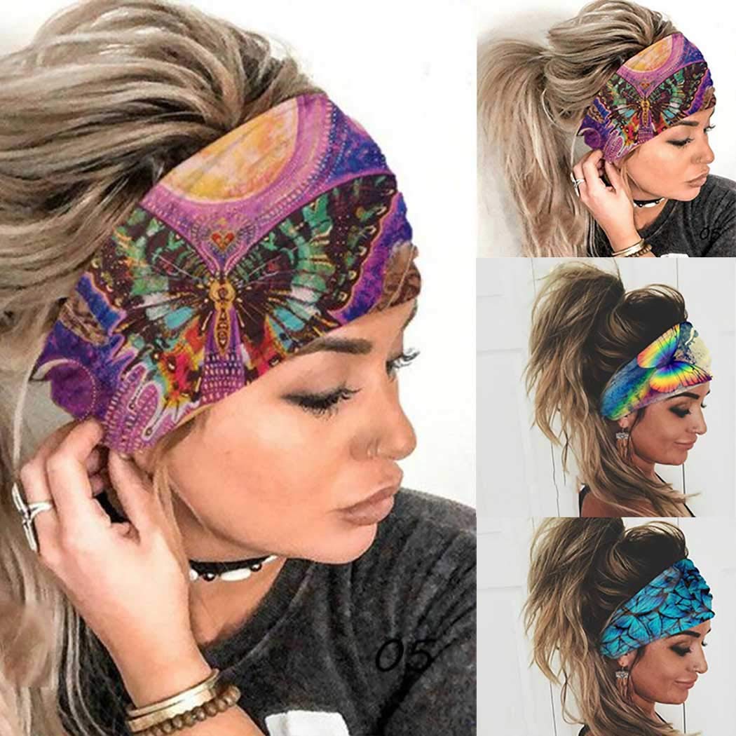 Sethexy Boho Wide Headbands Yoga Wicking Hair Bnad Elastic Non-slip Head Wrap 3 pcs Stylish Turban Headwrap Butterfly Outdoor Headscarf Running Sports Head Band for Women and Girls