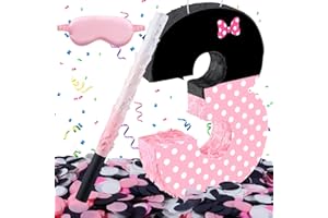 FSNJCZ Pink Bow Number 3 Pinata,Pink Bow Birthday Decorations, Fillable Hanging Piñata with Stick Blindfold Confetti for Girls Boys 3rd Anniversary Party Decorations（15.7 x 11.5 x 3 In）