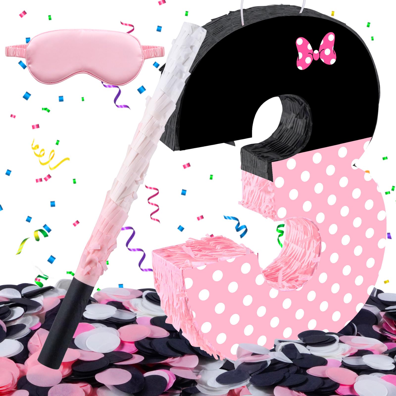 Photo 1 of 15.7 x 11.5 x 3 Inch Pink Bow Number 3 Pinata,Pink Bow Birthday Decorations, Fillable Hanging Piñata with Stick Blindfold Confetti for Girls Boys 3rd Anniversary Party Decorations