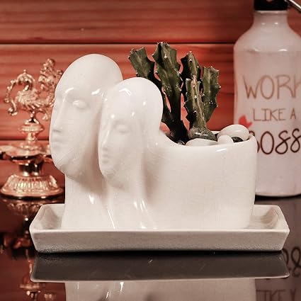 Lasaki Couple Ceramic Pot with White Plate for Indoor Plants | Planters, Flower Pots, Gamla, Succulent Pot for Outdoor (Color: White, Plate : White ) rec003
