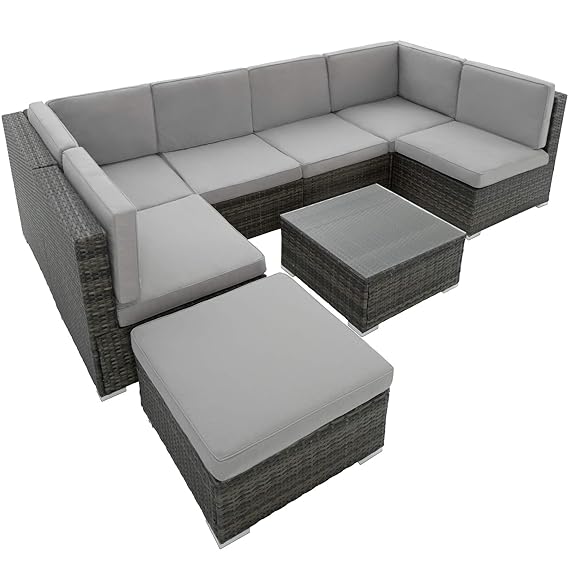 TecTake 402698 XXL Poly Rattan Sitzgruppe Venedig, 6 Sitze 1 Tisch 1 Hocker mit Edelstahlschrauben, extra Dicke Sitzkissen | 