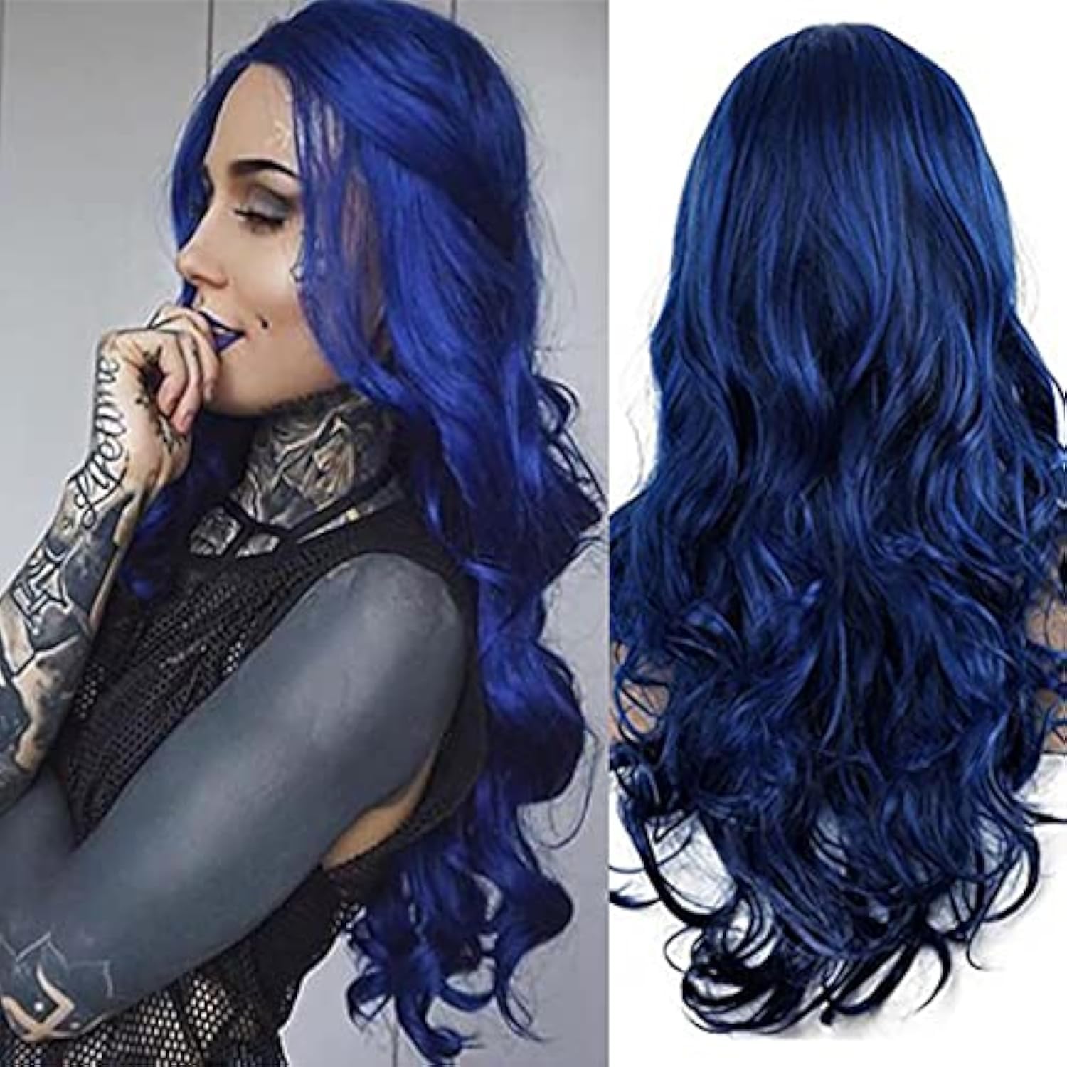 Long Blue Wigs for Women Curly Wavy Synthetic Hair Wigs Heat Resistant Cosplay Halloween Costume Party (Dark Blue) — image 1
