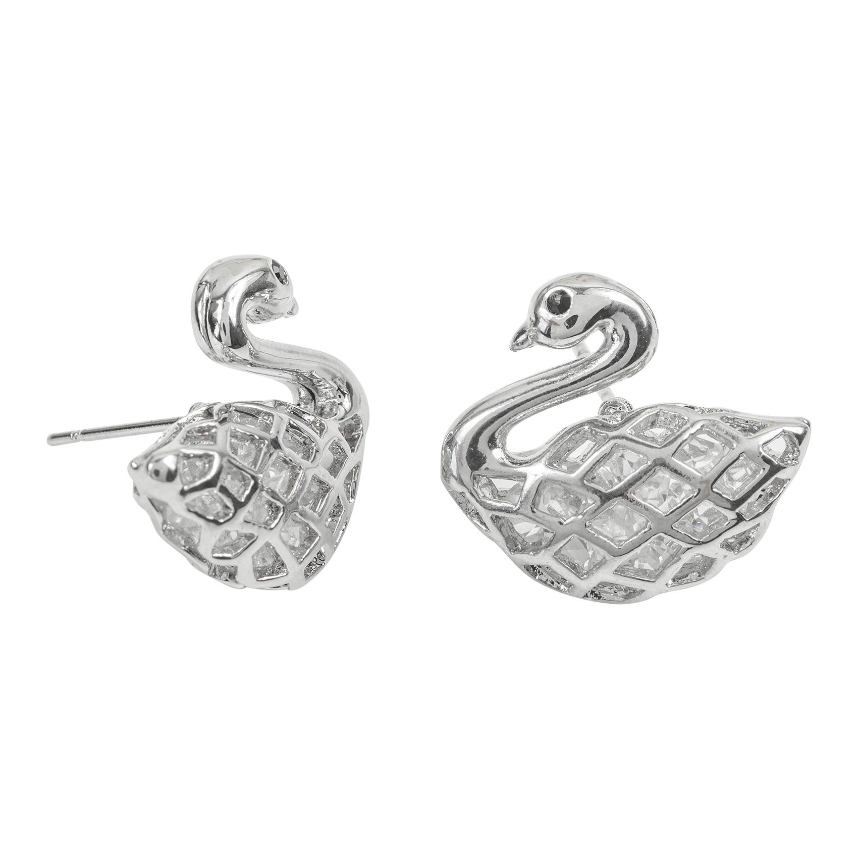 ZAVANA Swan Earrings for Women. Large Silver Earrings with Stone Encased Swan Motifs. Stud Earrings for Pierced Ears.