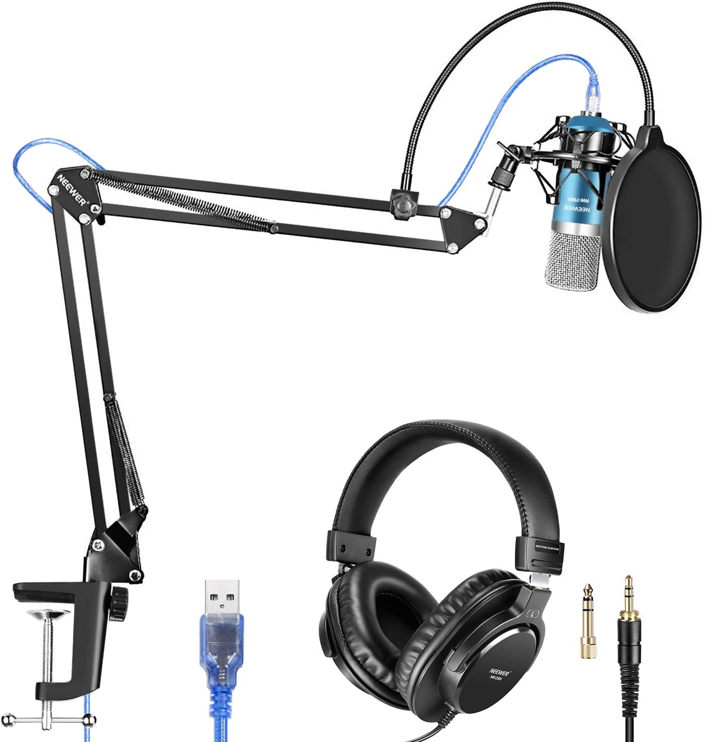 Neewer USB Microphone with Suspension Scissor Arm Stand, Shock Mount, Monitor Headphone, Pop Filter, USB Cable and Table Mounting Clamp Kit for Sound Recording for Windows and Mac (Blue/Silver): Musical Instruments
