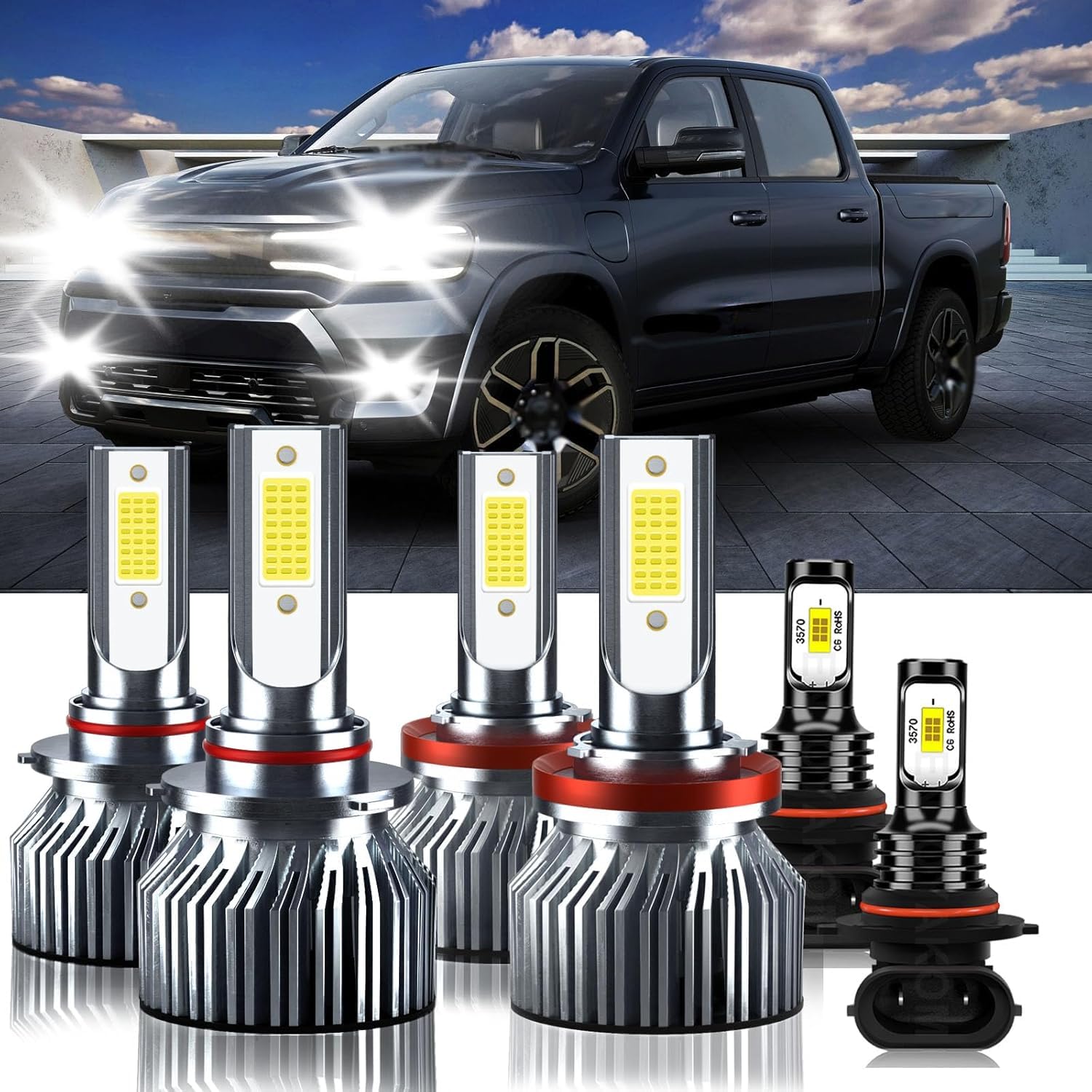 Photo 1 of TXBILMOO Compatible For 2009-2012 Dodge Ram 1500 2500 3500 with 4 Headlamps, High&Low Beam Fog Light Bulbs Kit, 32000LM 300% Brightness 6500K White with Cooling Fan, Plug and Play, Pack of 6