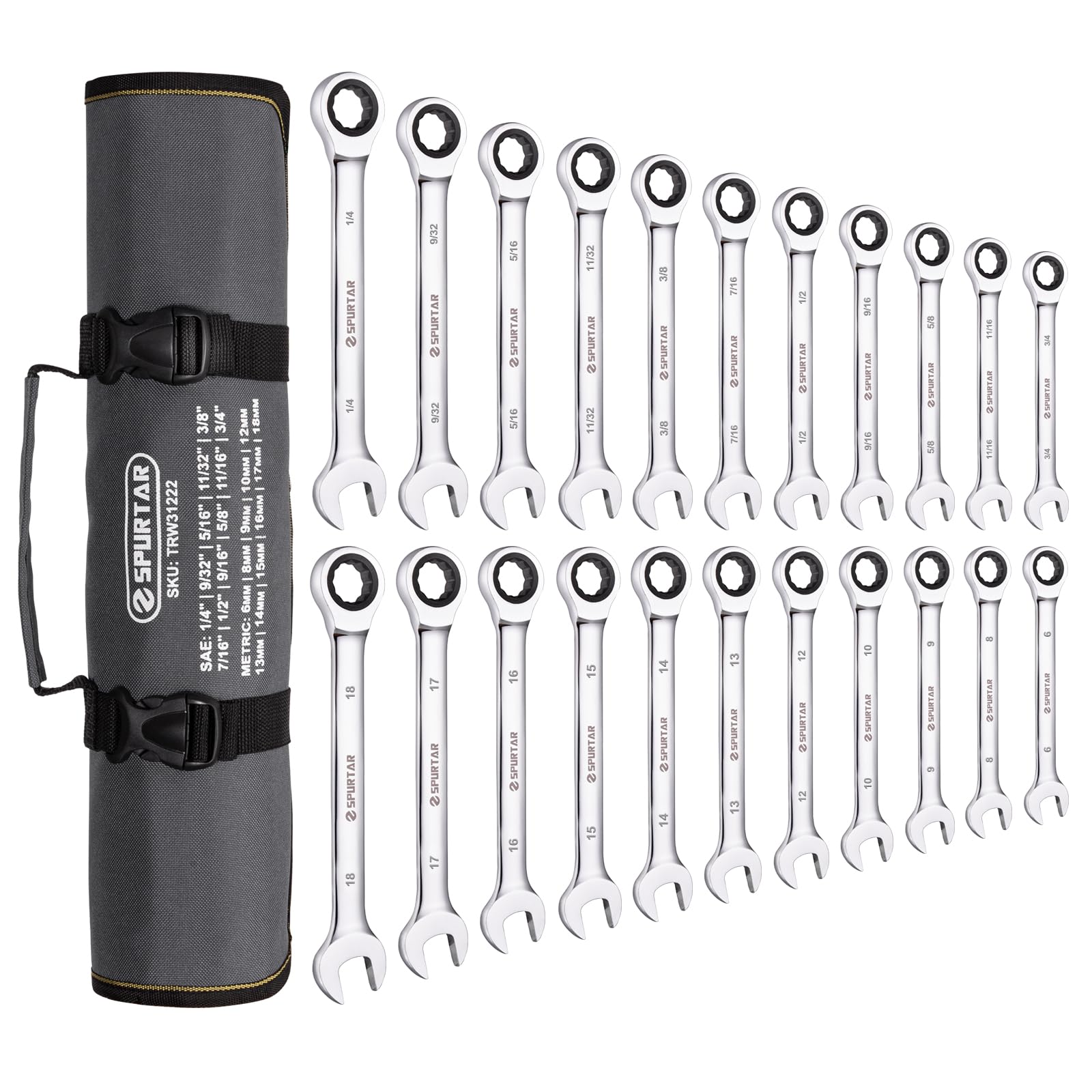 Spurtar 22 Pieces Ratchet Spanner Set Ratchet Wrenches Set 6-18mm & 1/4''-3/4'' Ratcheting Wrench Set 72 Teeth CR-V Steel Mirror Finish Combination Wrench Sets with Portable Carrying Bag
