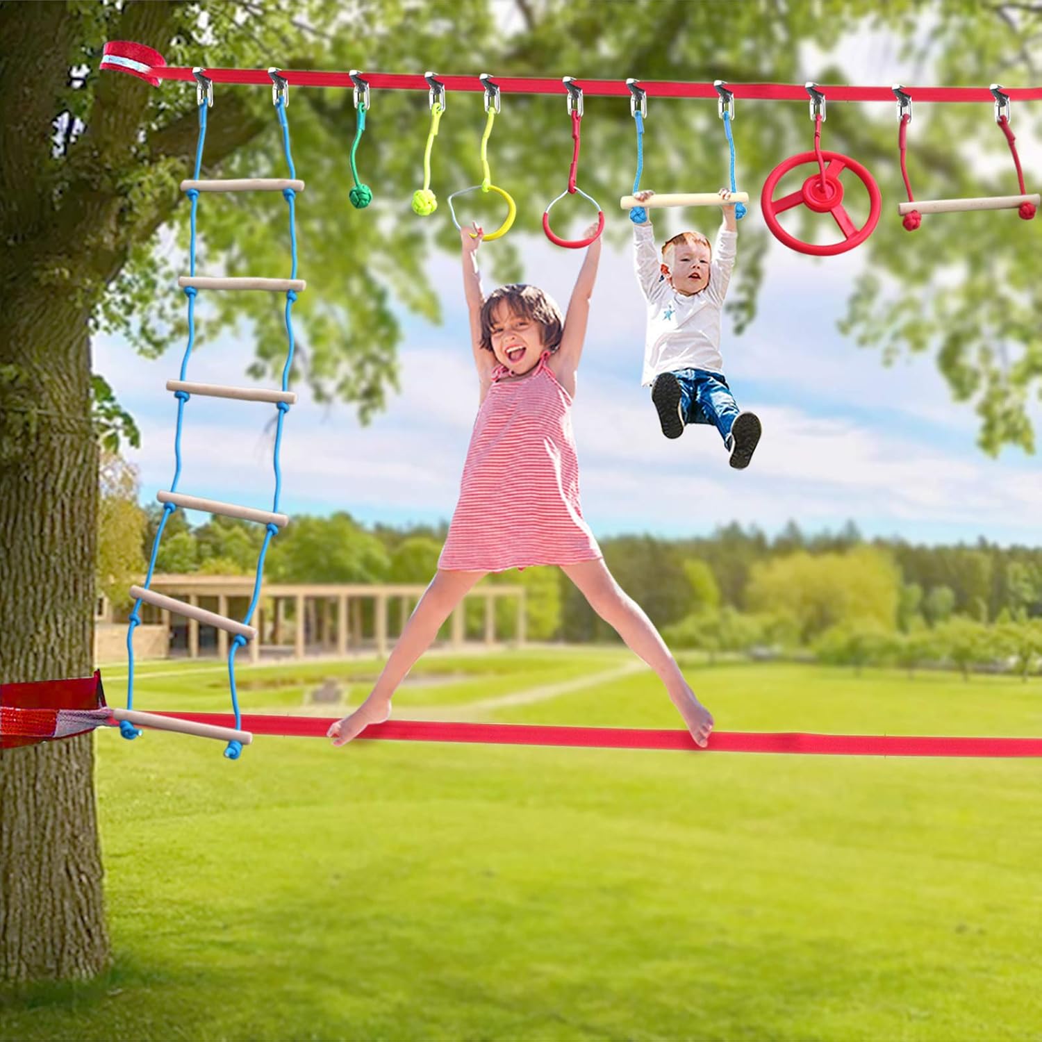 Ninja Warrior Obstacle Course Kit For Kids Outdoor Slackline Backyard Course Training Set