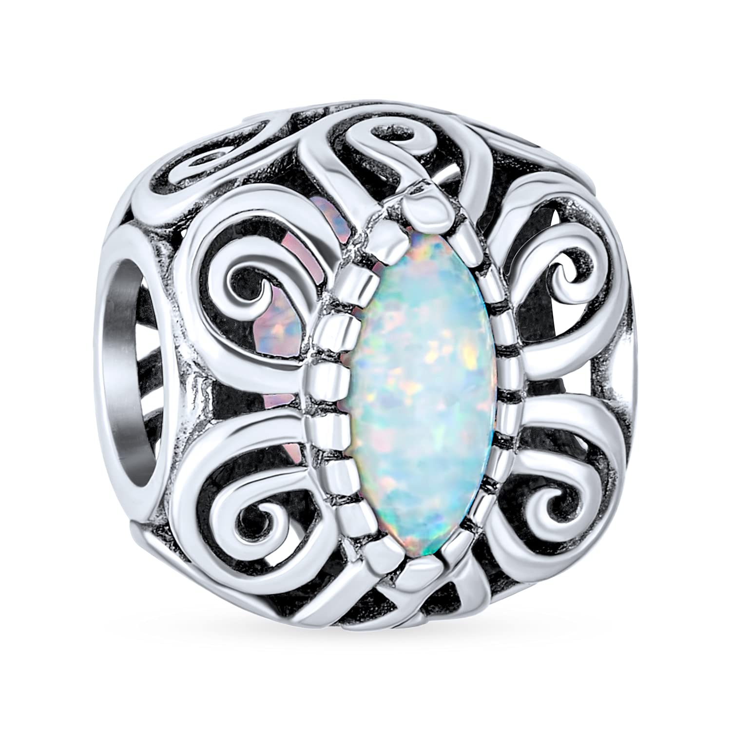 Bling Jewelry Vintage Style Created Opal Bali Style Scroll Milgrain Charm Bead For Women .925 Sterling Silver Fits European Bracelet