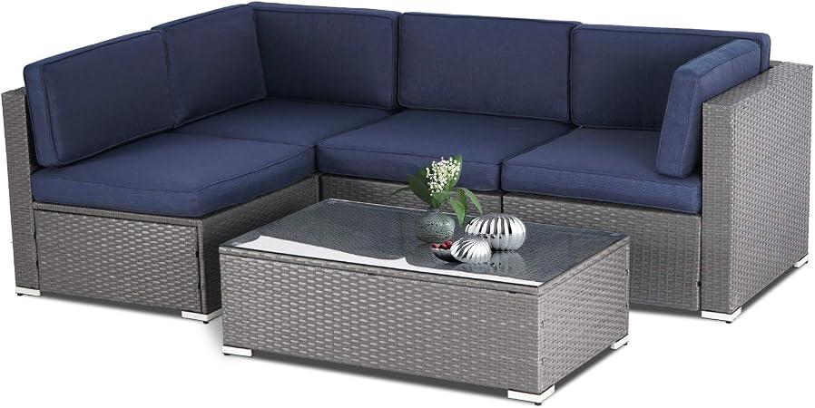 Amazon Com Suncrown Outdoor 5 Piece Patio Furniture Sets All Weather Black Rattan Wicker Sectional Sofa With Yyk Zipper And Tempered Glass Table Washable Cushions Dark Blue Garden Outdoor