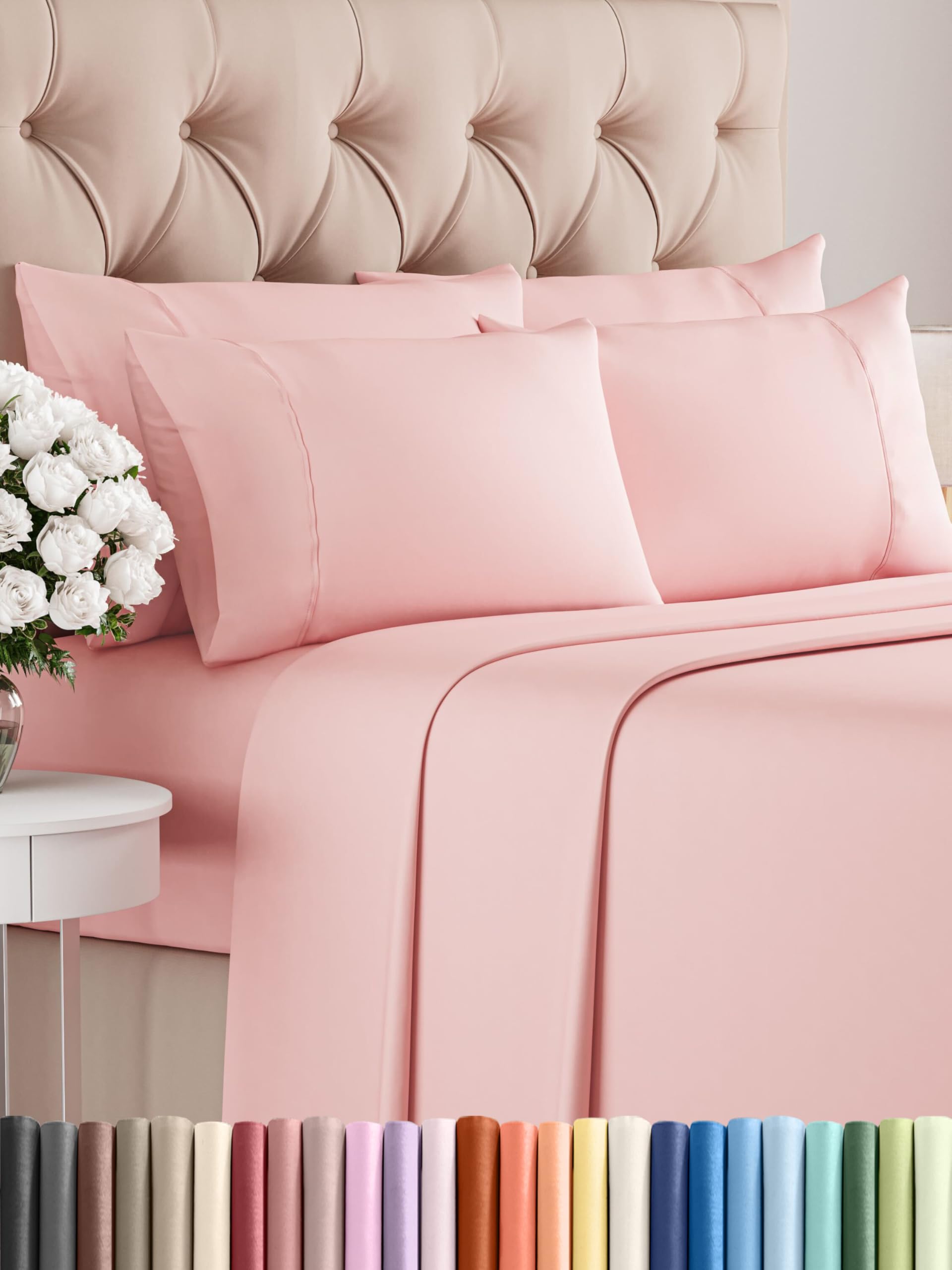 Photo 1 of King 6 Piece Sheet Set - Cooling Sheets for Hot Sleepers - Hotel Luxury Bedding Set with 8-16 Inch Deep Pockets - 1 Flat & 1 Fitted & 4 Pillowcases - Ultra Soft, Easy Care & Wrinkle Free - Baby Pink