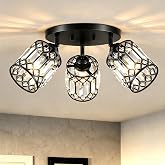 HTEJVE Black Crystal Ceiling Light Fixture, Rotatable, 3-Light, E26 | Modern Adjustable Semi Flush Mount Ceiling Light, Kitchen Lighting Fixtures Ceiling for Hallway Bedroom Bathroom Laundry Room