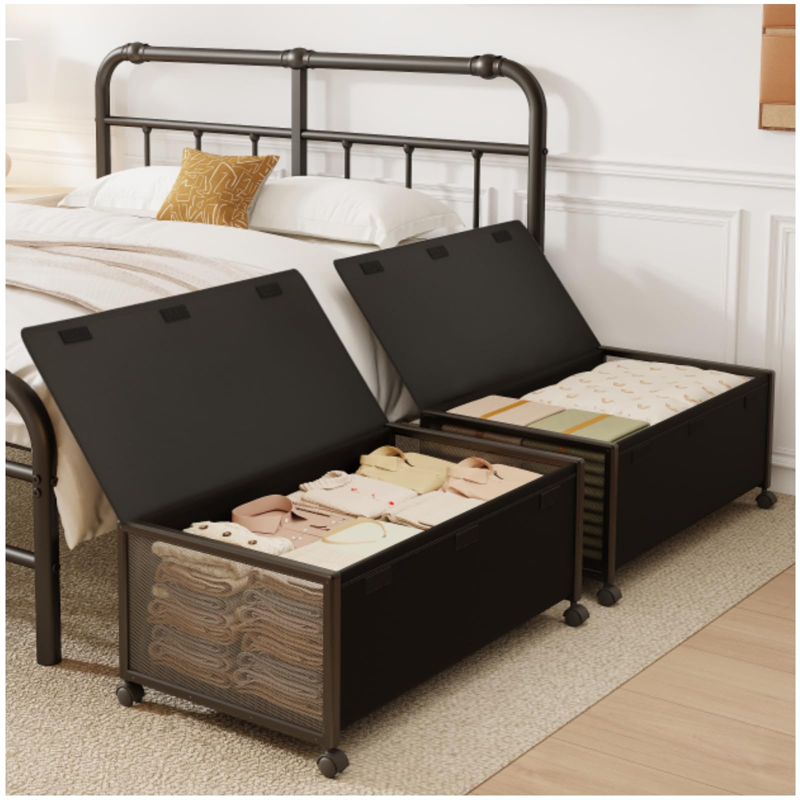 2 Pack Under the Bed Storage Containers,12 inch Height Under Bed Shoe Storage,31inch Long Underbed Storage with Wheels,Large Rolling under bed Clothes Storage Drawers with Lid for Dorm Tall,Black