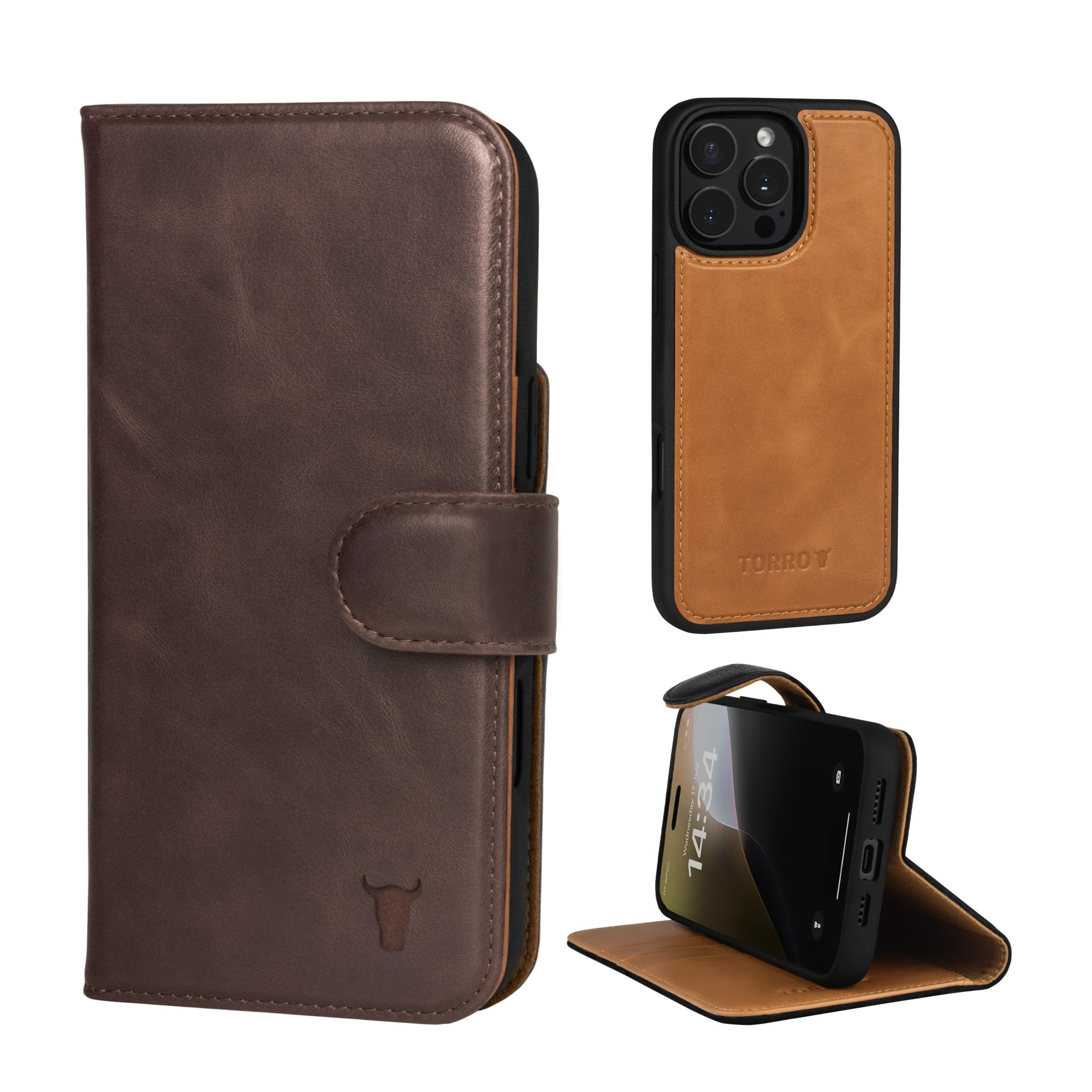 TORRO Leather Case Compatible with iPhone 16 Pro – Leather Bumper Case with Magnetically Detachable Wallet Cover with Kickstand and Card Slots (Compatible with Official MagSafe Chargers) - Dark Brown