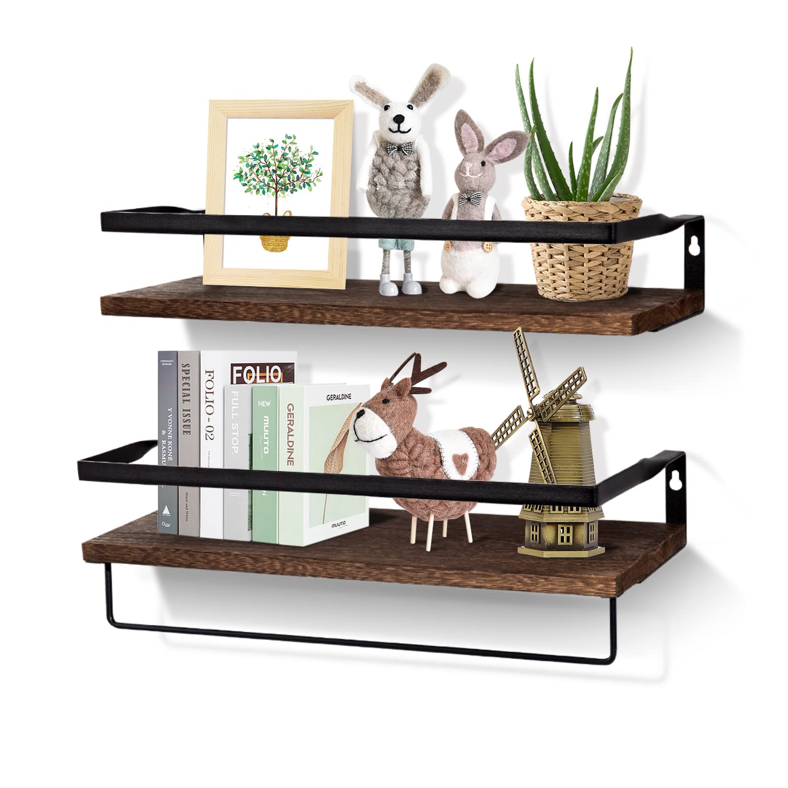 Uten Floating Shelves, Decorative Shelf Set of 2 Rustic Shelves with Rail, Wall Shelves for Bathroom, Bedroom and Kitchen