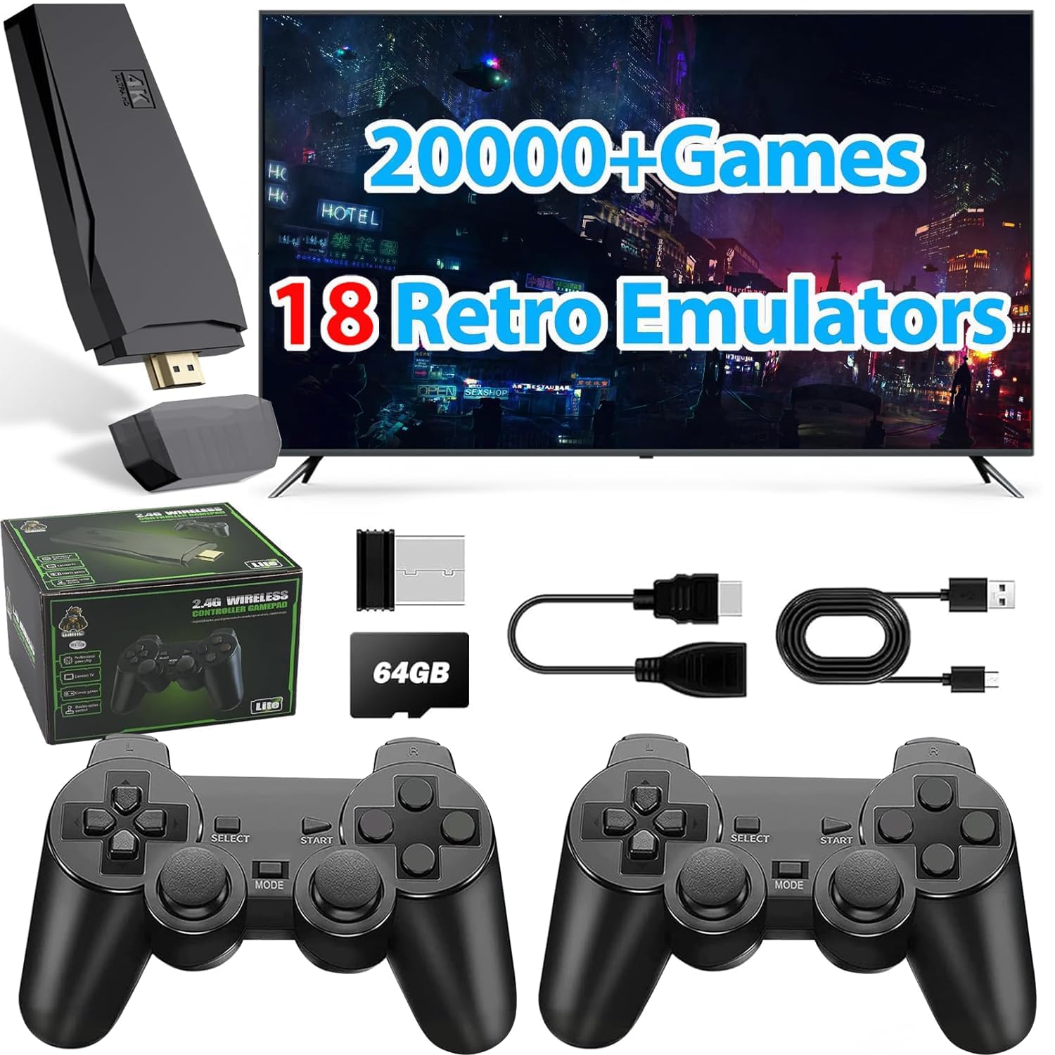 Photo 1 of Wireless Retro Game Console Stick Built-in 20000+ Classic Games, 4K HDMI Output Nostalgia Plug & Play Retro Video Gaming Stick with 18 Emulators and Dual 2.4G Wireless Controller?64GB?