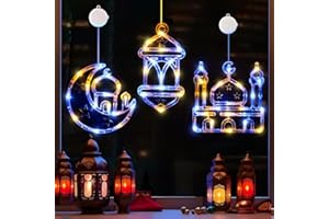 LOLStar Ramadan Decorations, 3 Pack Blue and Warm White Lantern, Moon, Mosque Eid Mubarak Window Lights Battery Operated Hanging LED Lights with Timer & Slow Fade Mode, Perfect Decor for Eid al Fitr
